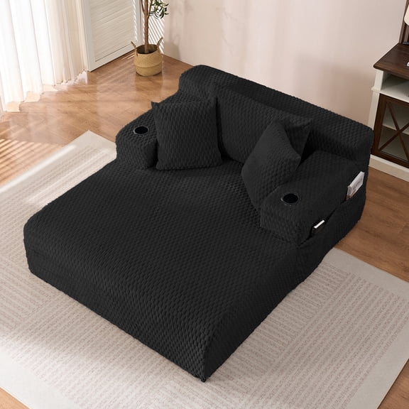 ZAFLY 55”w Oversized Chaise Lounge Indoor, Corduroy Cloud Chair with 3 Pillows, Big Comfy Chair with Cup Holder -Black