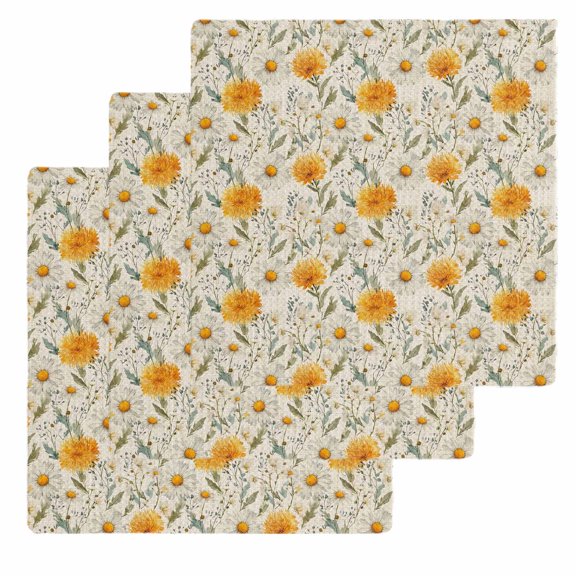 Spring Daisy Kitchen Dish Towels for Drying Dishes Set of 3, Country Vintage Yellow White Floral Leaf Waffle Weave Microfiber Hand Tea Bathroom Towels Quick Dry & Absorbent Towel 12x12