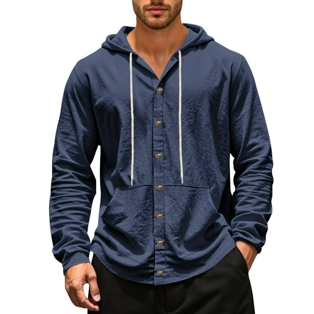 SHIXIAOO Chemise Décontractée en Lin à Manches Longues à Capuche pour Hommes Printemps et Automne