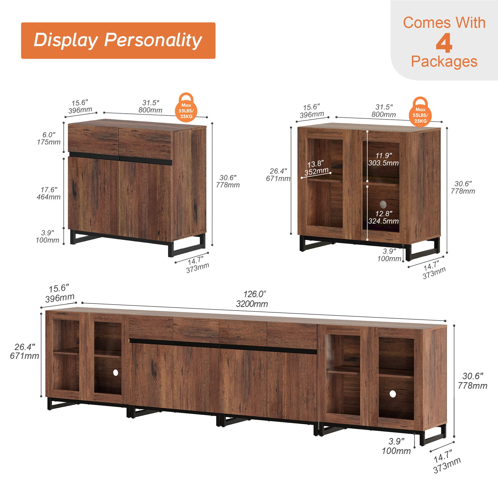 4 In 1 Modern Dresser with Glass Doors and Adjustable Shelves, Metal Base Storage Chest, Multifunctional Closet Organizer Storage Cabinet for Bedroom Home Use,Brown