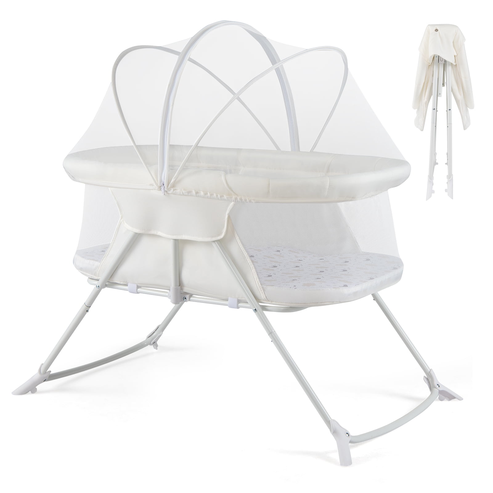 Costway 2 in 1 Baby Bassinet with Rocking Motion with Breathable Mesh Beige
