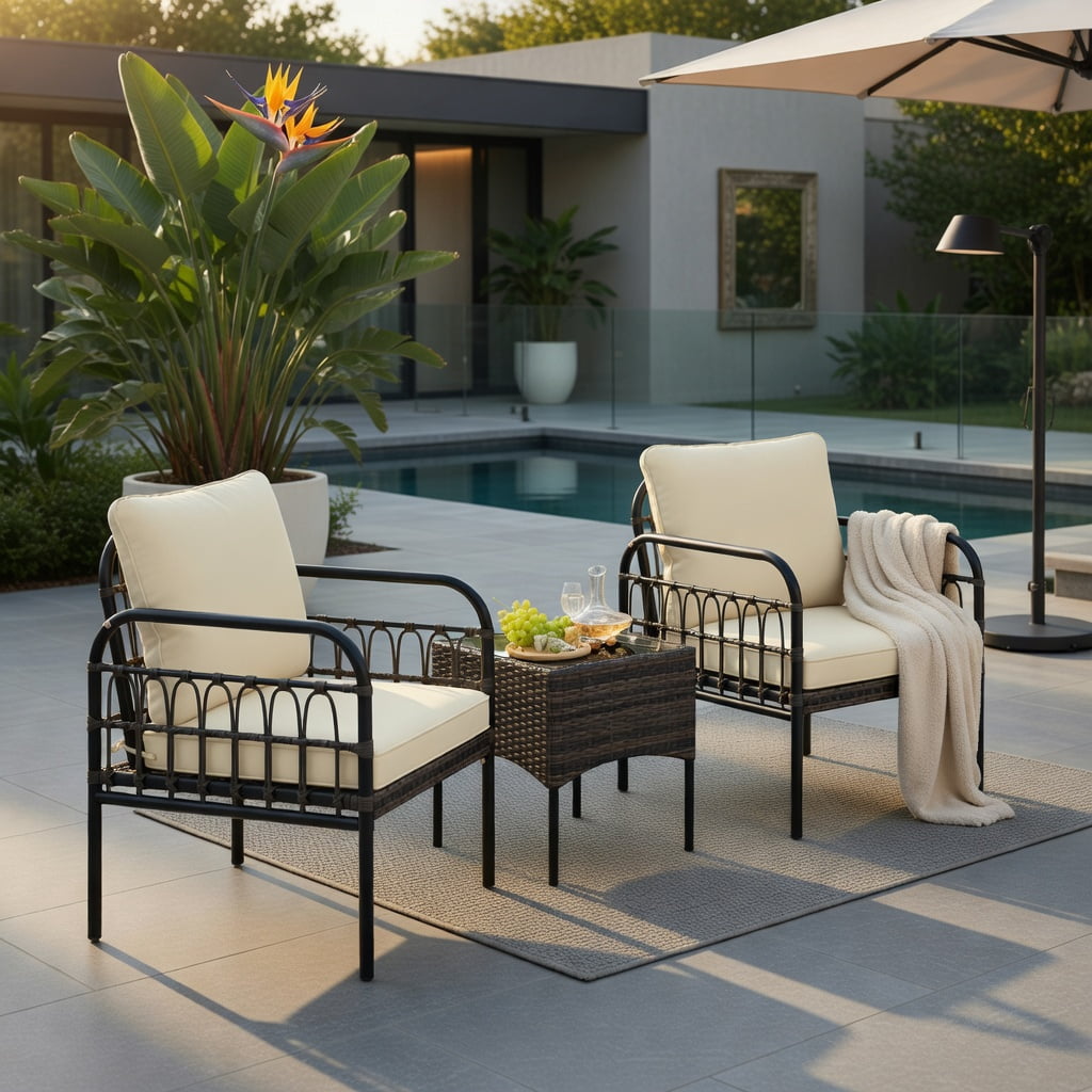 Hommoo 3-Piece Outdoor Wicker Patio Conversation Set with Tempered Glass Coffee Table, Cushioned Chairs & Rust-Resistant Metal Frame, Brown