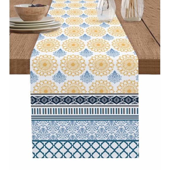Yellow Teal Boho Table Runner 72 Inches, Vintage Geometric Stripes Abstract Art Bed Runner Dresser Scarves Tabletop for Indoor Outdoor Parties/Ceremony/Banquet, 13" x 72"
