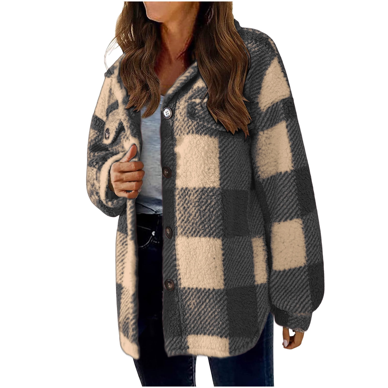 nerohusy Shackets for Women 2024 Winter Warm Fuzzy Fleece Sherpa Plaid Shirt Jackets Plus Size Button Down Long Sleeve Coats Black,L