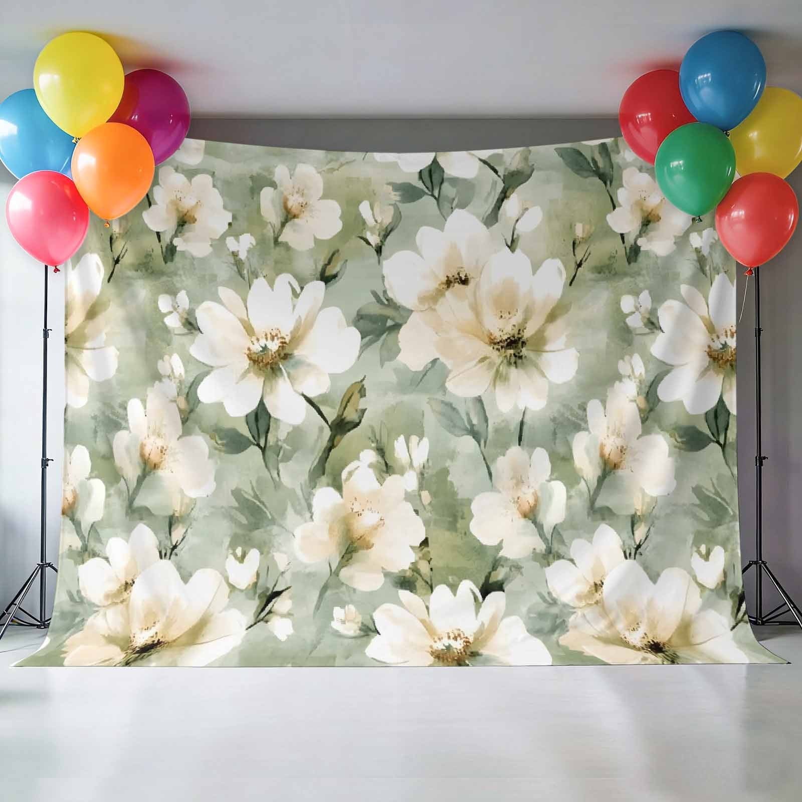 Retro White Backdrop for Photography, Floral Blooming Watercolor Sage Green Oil Paint Photo Backdrop Portrait Background Party Banner Photo Backgrounds for Studio Booth Props, 7x5ft