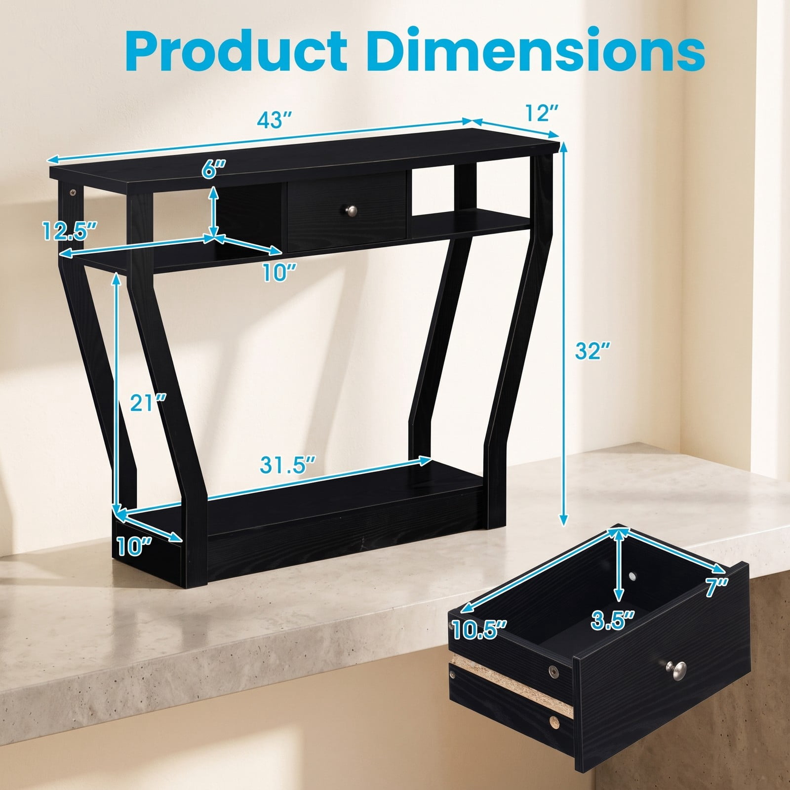 Furnibear Curved Frame Console Table with Storage Drawer and Open Shelves and Angled Legs for Entryway and Hallway, Black