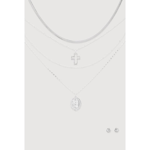 Women's Cubic Zirconia Cross Layered Necklace and Stud Earrings Set