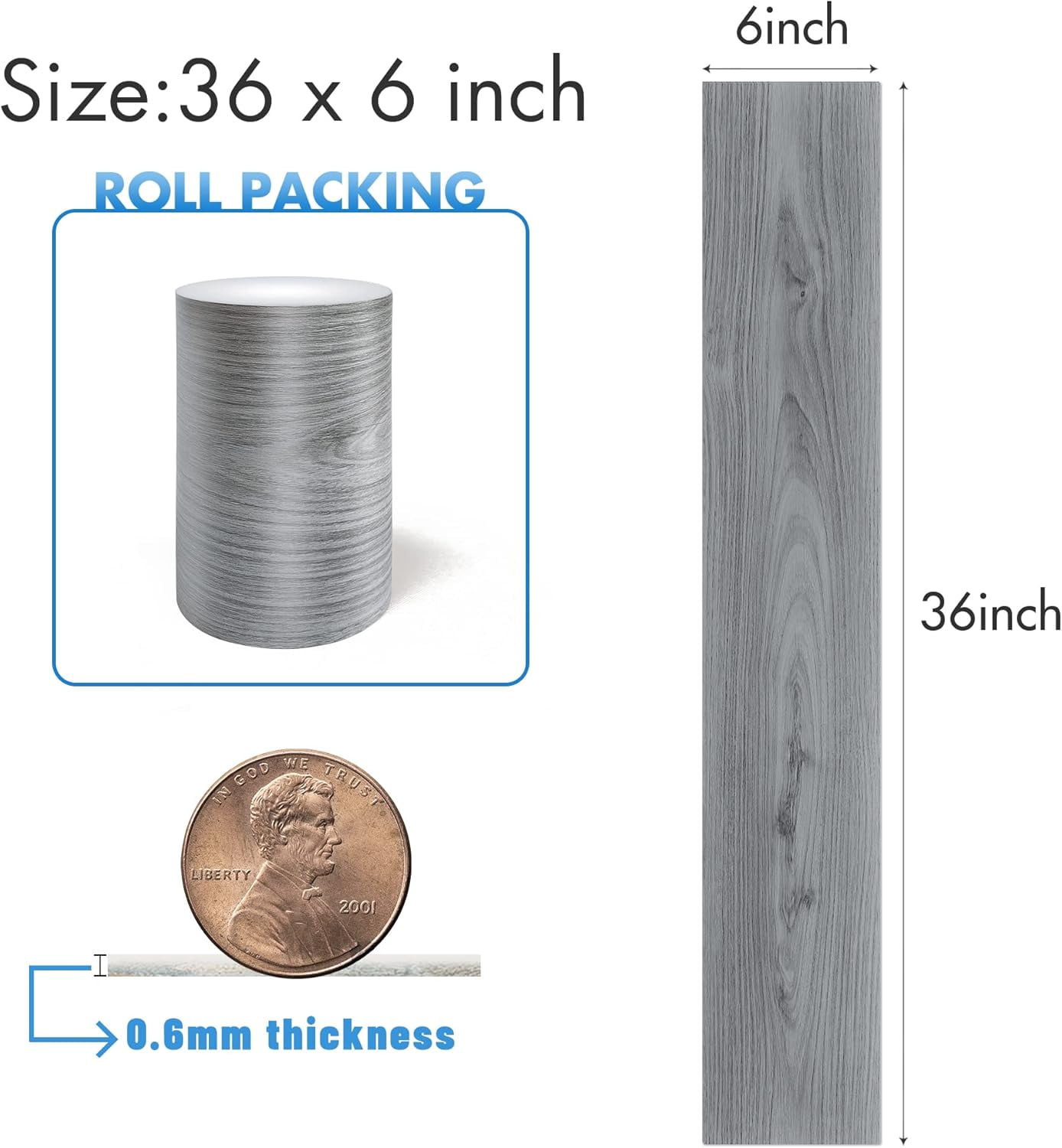 54 Sq.Ft,Wood Peel and Stick Floor Tiles,36 Pack Grey Vinyl Flooring (No Adhesive Residue) 36"×6" Waterproof and Non-Slip Laminate Flooring for Renters Bathroom, Living Room ((Nature Grey)