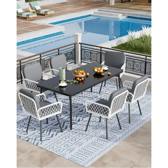 Studyset 7-Piece Outdoor Dining Table Set for 6, 59" Tempered Glass Dining Table with Metal Frame and 6 Rattan Chairs, Patio Dining Set for Garden, Backyard and Poolside