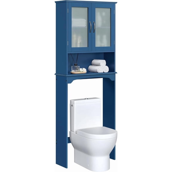 Beran7 Over The Toilet Storage Cabinet, Free Standing Toilet Rack with Adjustable Shelves and Tempered Glass Doors for Bathroom Washroom, Navy Blue