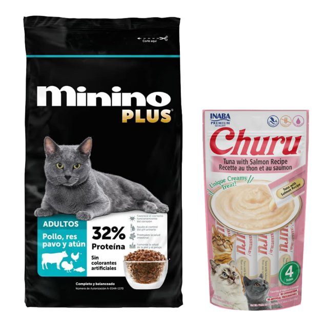 Minino Plus 3 kg + Churu Snack Salmon y Atun 14 g (4 Pzas.)