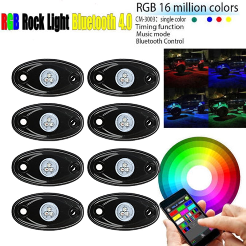 8pod OPL5 8 Pod RGB Led Rock Lights Kits with Bluetooth Control Waterproof Neon Lights DIY Color Timing Music Mode for Offroad Car Jeep Off Road Truck SUV ATV UTV Motorcycle 