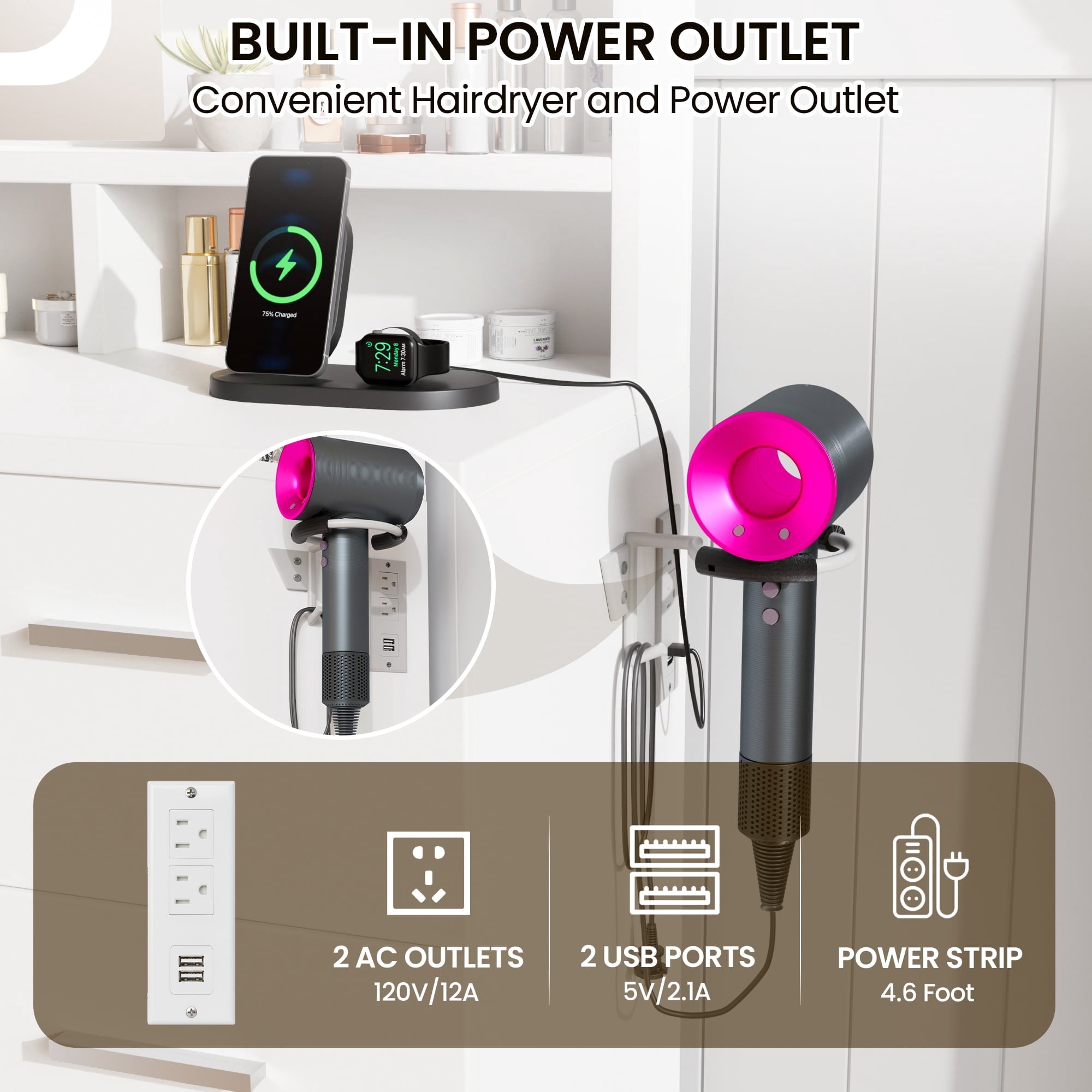 LIVELYGLOW Vanity Set with Stool,Smart LED Mirror Makeup Vanity Set with Power Outlet,Vanity Dressing Table for Bedroom,White