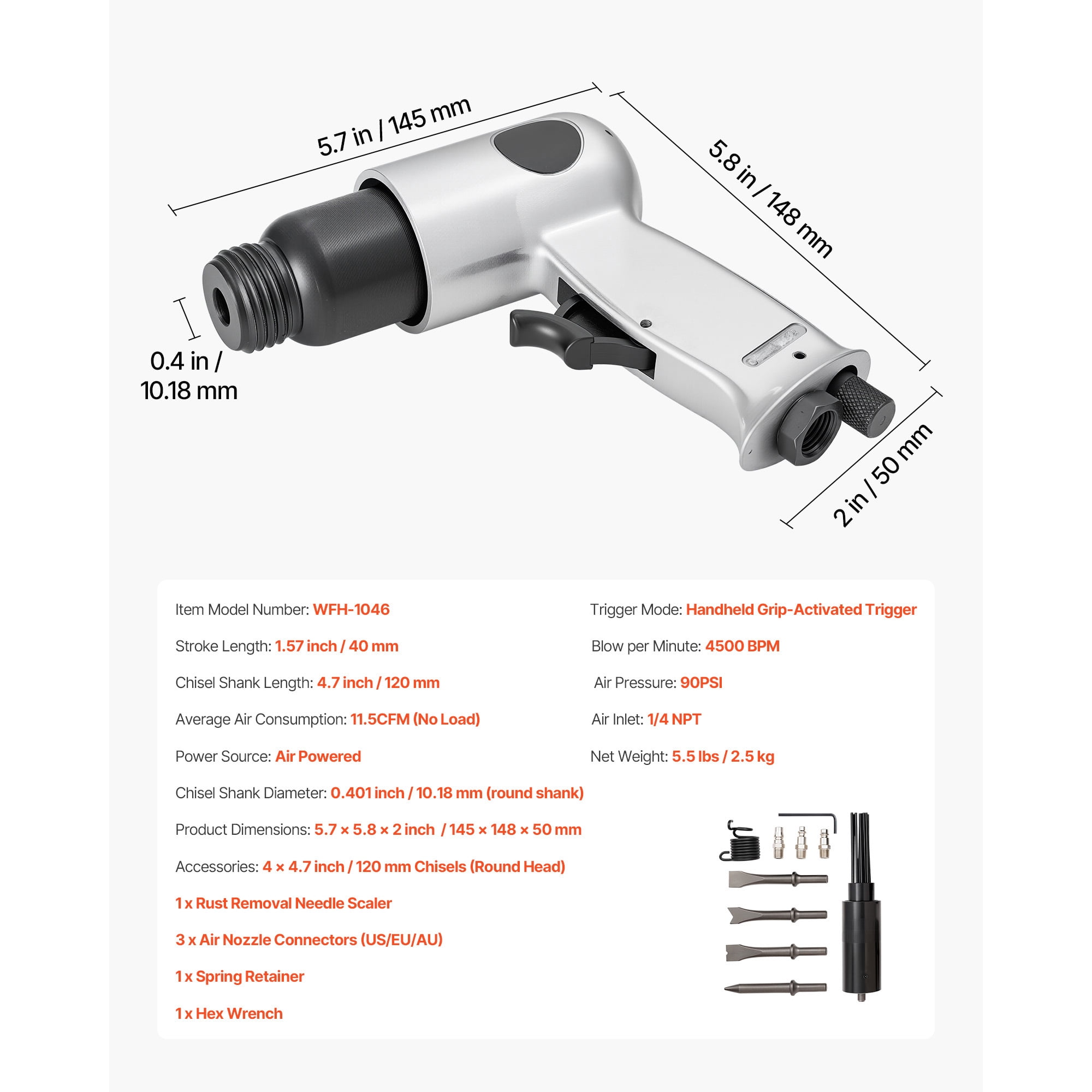 KFFKFF Pneumatic Air Hammer, 4500 BPM Tool with Needle Scaler & 4 Chisels, Compact and Lightweight Design for Cutting, Scraping, and Demolition Tasks