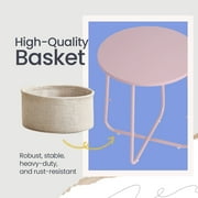 LEDREM Modern Round Accent Table with Fabric Storage Bin, Compact Nightstand for Bedroom & Living Area, Space-Saving Furniture with Patented Design, Pink and White