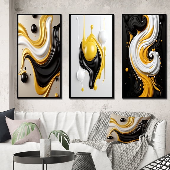 Designart "Black Yellow White Liquid Minimal Abstraction IV" Abstract Shapes Framed Wall Art Set Of 3 - Gold Transitional Frame Gallery Set For Office Decor
