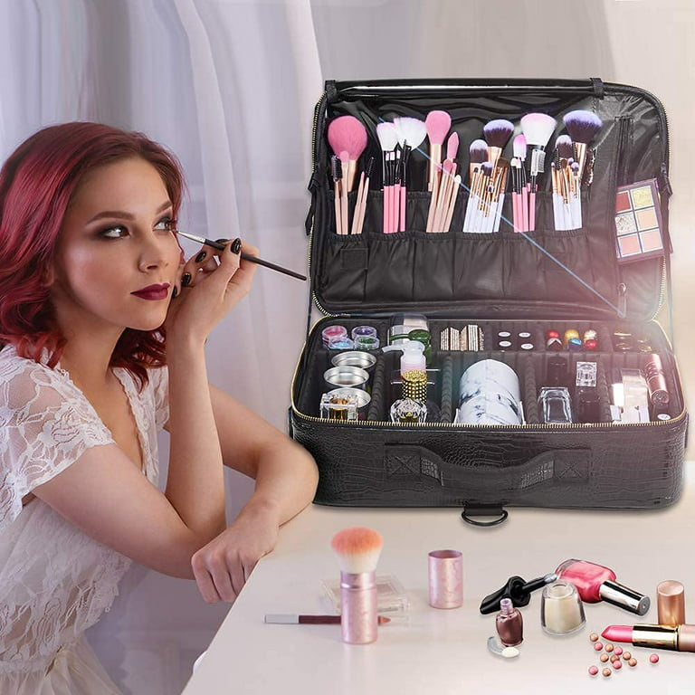Large Professional Makeup Bag, Travel Cosmetic Train Case Makeup Brush  Organizer with Mirror, 3 Layers Makeup Artist Travel Organizer with  Adjustable