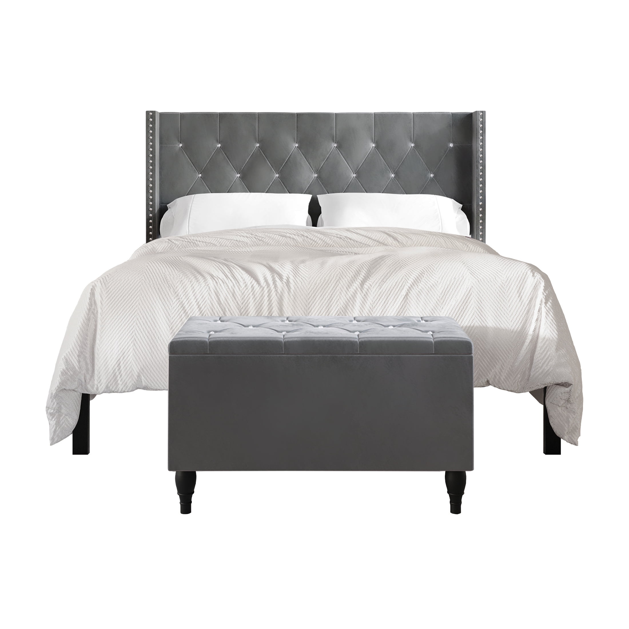 Castle Place Button Tufted Wingback Velvet Upholstered Bed with Storage Bench, Light Grey, King