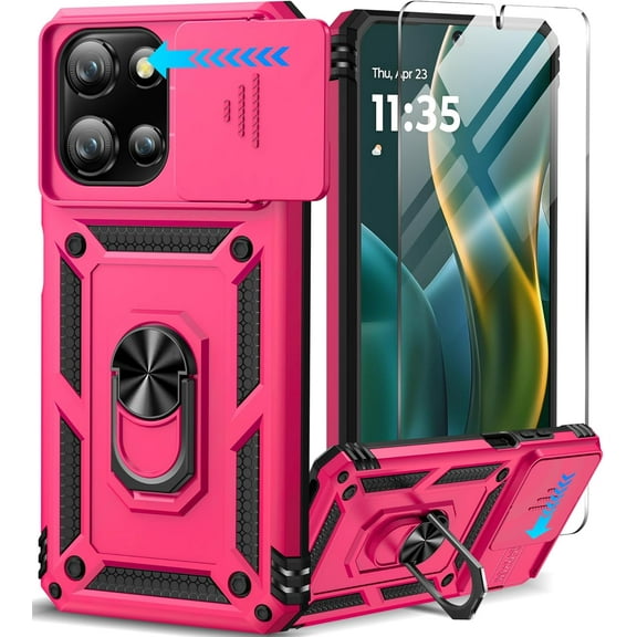 for Motorola Moto G 5G 2025 Case with Screen Protector & Slide Camera Lens Cover, Built-in 360°Rotate Magnetic Ring Stand Shockproof Protective Phone Case for Moto G 2025 Case(Hot Pink)