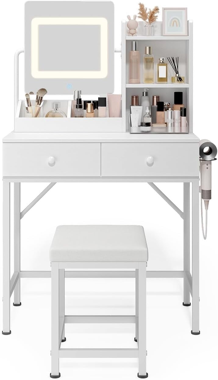Makeup Vanity Desk with LED Mirror, 31.5” Vanity Table with 2 Drawers & Storage Shelves, White