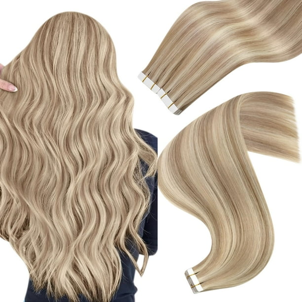 Easyouth Extensiones de cabello humano real cinta en cinta rubia para extensiones de cabello humano rubio ceniza resaltado blanqueador cinta rubia en extensiones de cabello humano recto 22 pulgadas 1.