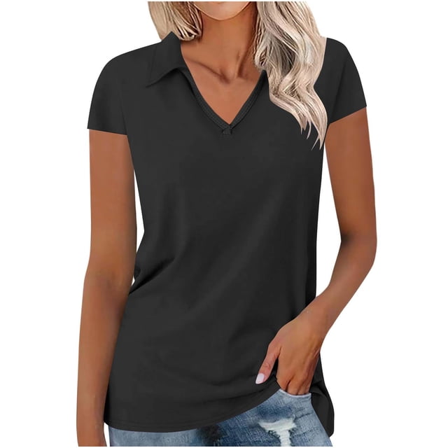 Timegard Tops for Women Lapel V-Neck Short Sleeve Loose Soft Solid Color Summer Casual Tops Basic Tee