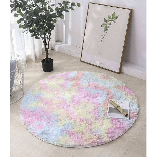 Colorful Round 4Feet Rainbow Fluffy Shag Runner r Rug Pink Plush Carpet for Kids Girls Living Room Bedroom Decor Nursery Multicolor Area Rug