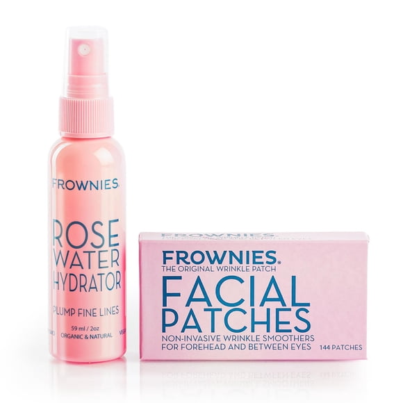 Parches faciales con el ceño fruncido en la frente y entre los ojos y agua de rosas