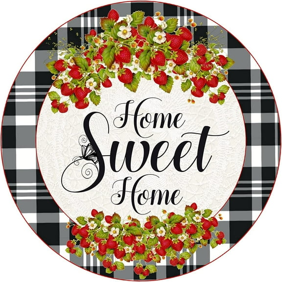 Round Metal Tin Sign Rustic Wall Decor Plaque Home Sweet Home Strawberry Wreath Sign Wall Decor 12x12 Inch