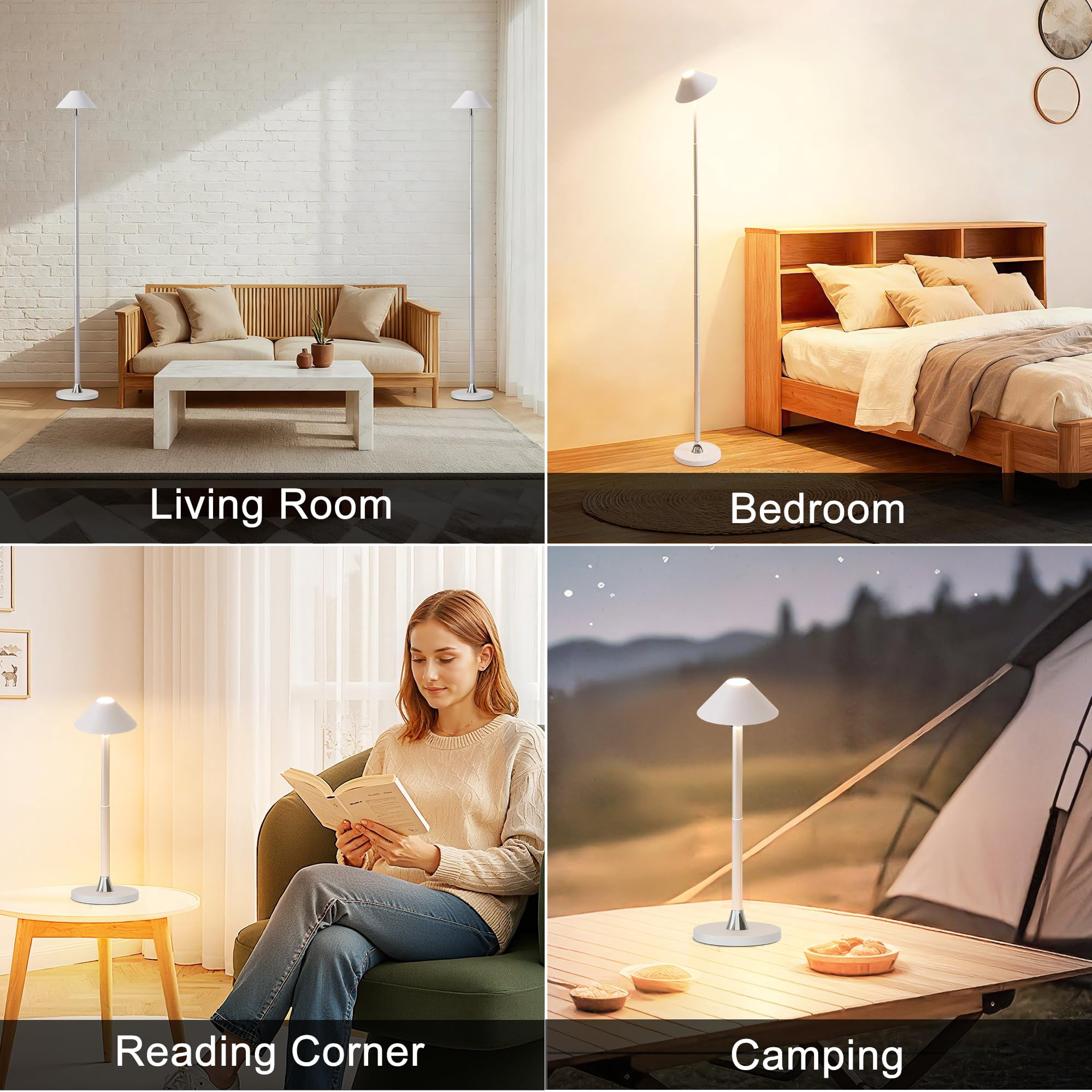 Floor Lamp for Indoor/Outdoor, Cordless Tall Standing Lamp with 3 Color Temps & Dimmable, IP43 Waterproof, Adjustable Height 16-59 Inch, LED Floor Lamp for Living Room, Patio(Black)