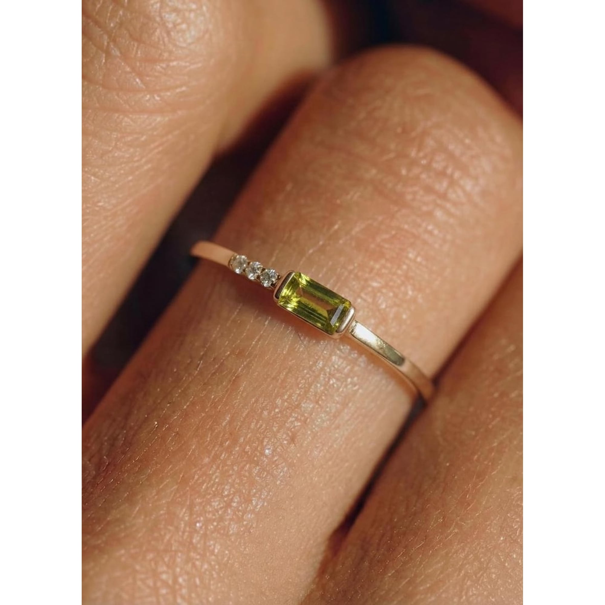 Dainty Baguette Peridot Ring, Silver Yellow Gold Minimalist August Birthstone Ring, Personalized Birthday Gift for Mom , Wife Gift