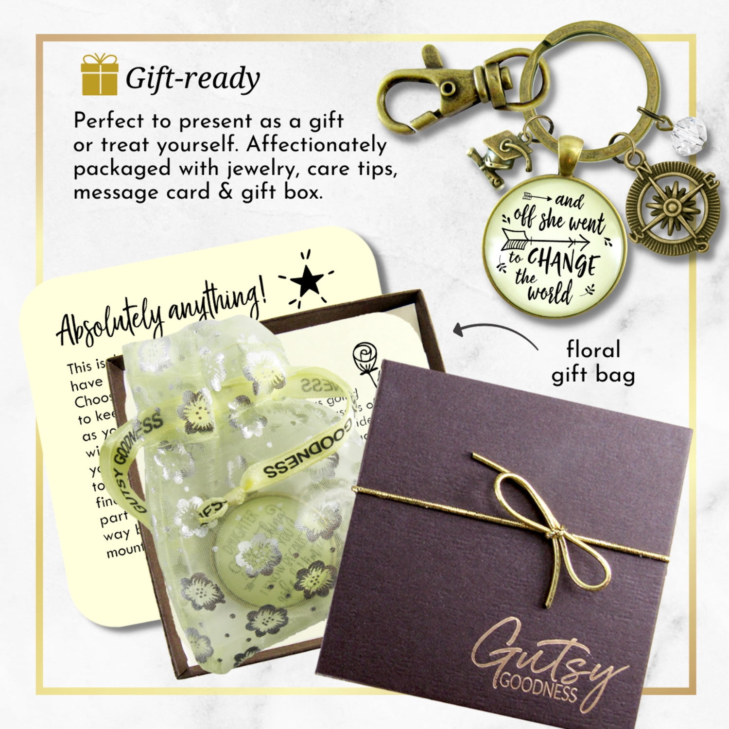 And Off She Went to Change the World Graduation Gutsy Goodness Bronze Keychain Compass Charm Womens Jewelry