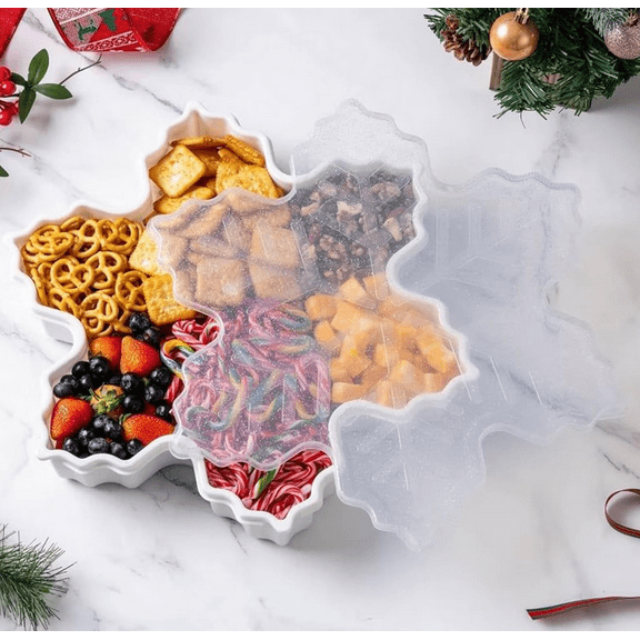 Christmas Snack Serving Tray, Tree Shaped Plastic Divided Appetizer Tray Compartments Food Tray for Dried Fruits Candy Nuts Treats Snack Organizer Xmas Party White