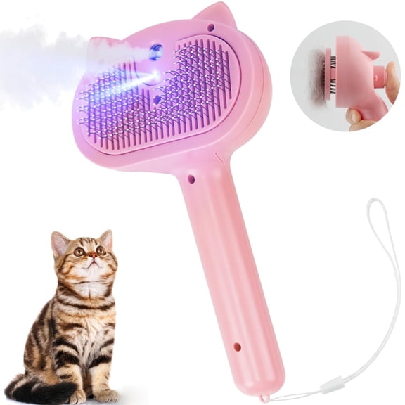 Cat Steam Brush for Shedding, 4 in 1 with Release Button, Self Cleaning Pet Misting Hair Comb with Handle for Grooming Kitten Dog(Pink)