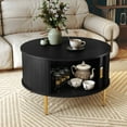 thumbnail image 3 of HLR Mid Century 31.5" Round Coffee Table with Sliding Tambour Door, Drum Center Table with Storage for Living Room, Black, 3 of 11