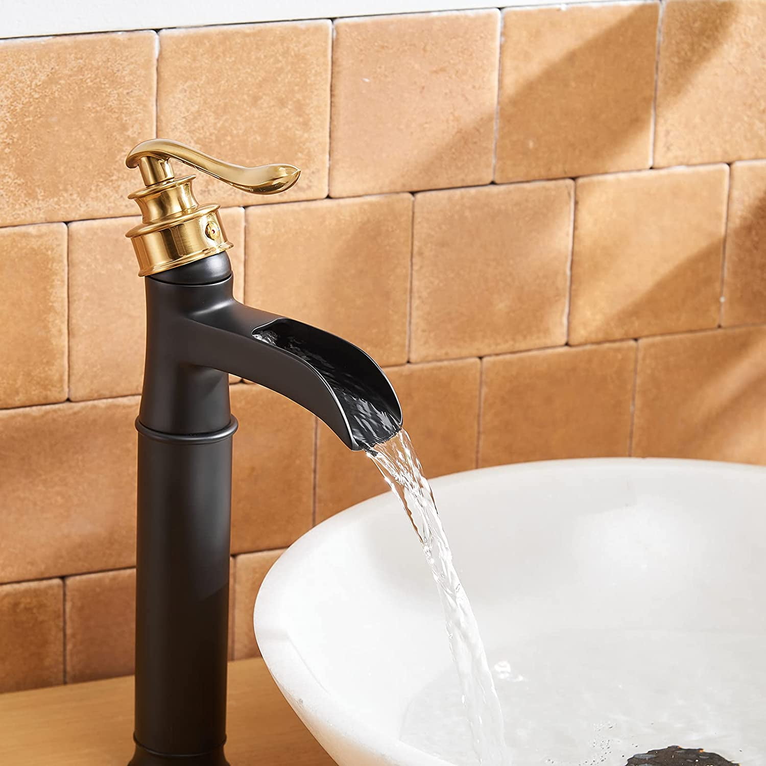 BWE Vessel Sink Faucet Waterfall Gold with Matte Black Single Hole with Pop Up Drain Without Overflow and Supply Lines Bathroom faucets for Sink One Handle Faucets Vanity Bath Mixer Tap Lead-Free