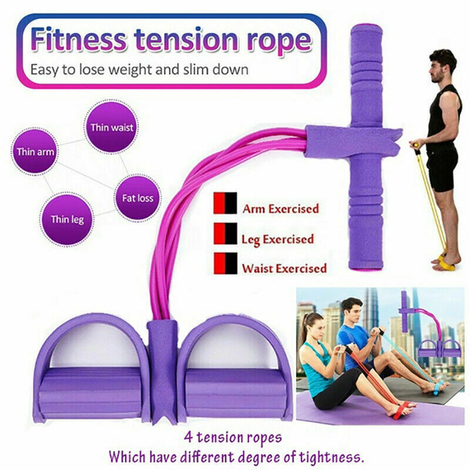 BOSHIYA Elastic Sit Up Pull Rope Spring Tension Foot Pedal Abdomen Leg Exerciser Tummy Trimmer Equipment Bodybuilding Home Gym Arm Waist Sport Fitness Stretching Purple