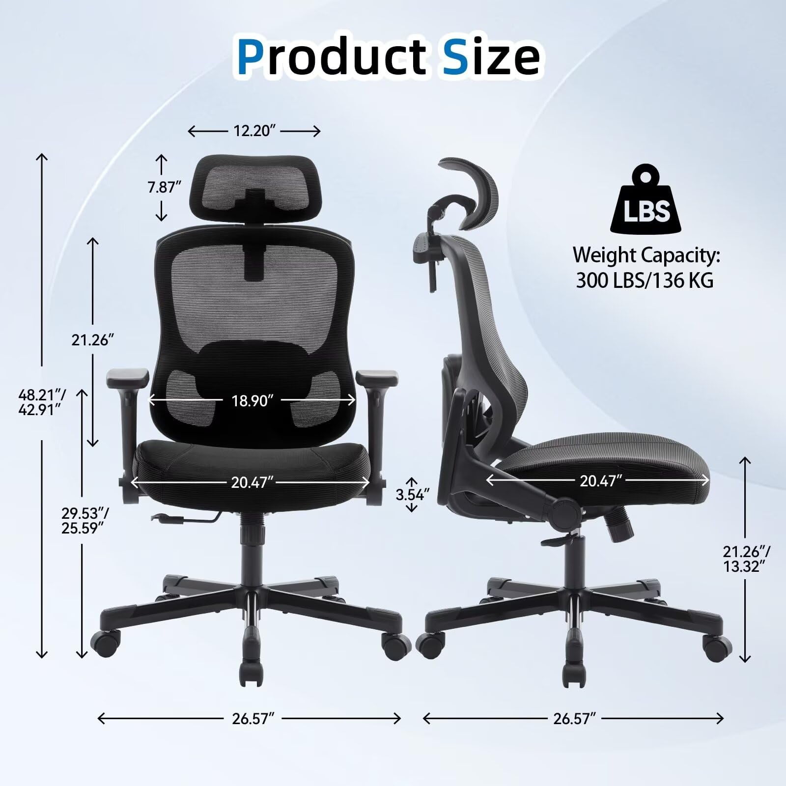 Frelaxbone Adult Mesh High Back Indoor Residential Adjustable Armrest Office Chairs, Caster, Blue