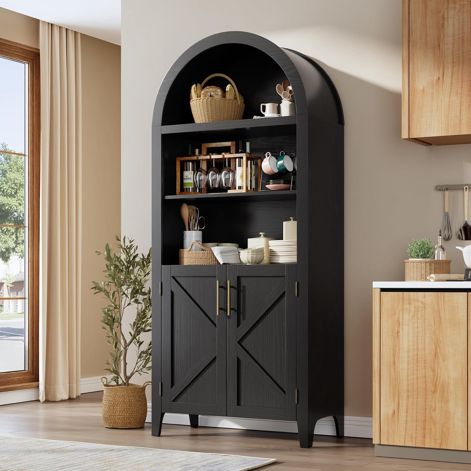 BouPower Arched Pantry Cabinet with Open Display Shelf,Kitchen Cabinet with Doors,Versatile Cupboard for Kitchen Dining Room