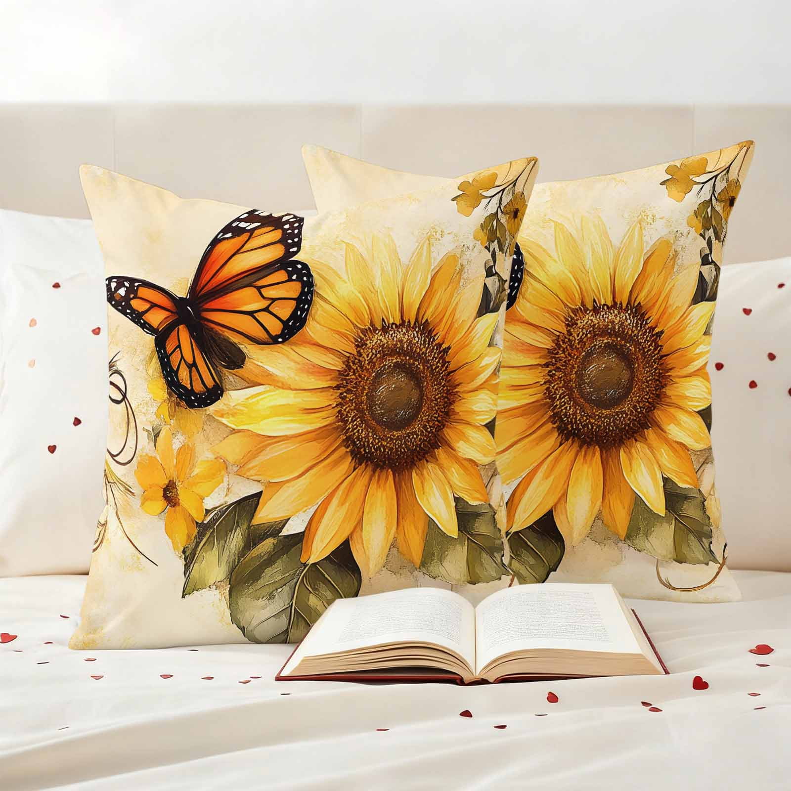 Pack of 2 Outdoor Pillow Covers 18x18 Inch Waterproof Sunflower Throw Pillow Covers, Decorative Couch Pillow Case Sham Butterfly Spring Floral Retro Pillowcases Cushion Covers for Patio Garden