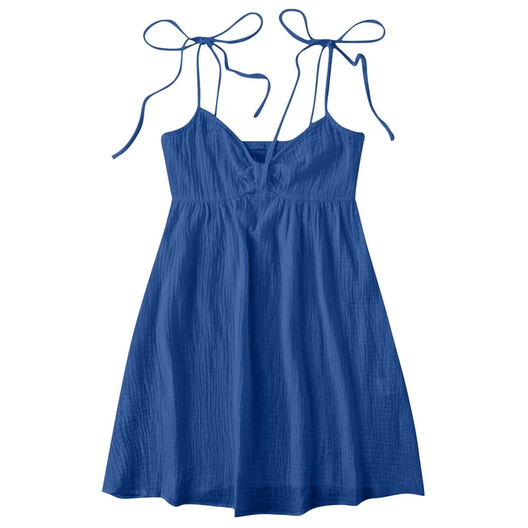short cami dresses Aboser Womens Tie Up Mini Dress Summer Linen Cami Dresses Flowy Bow Front Sundress Summer Trendy Spaghetti Strap Beach Dresses Solid Color Sleeveless