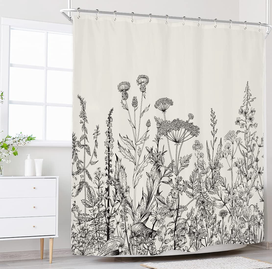 Wild Floral Shower Curtain Botanical Flower Plant Herbs Tulip Nature Blossom Wildflower Leaf Sketch Waterproof Fabric 72Wx72H Inch Polyester Bathroom Bathtub Decoration 12 Pack Plastic Hooks