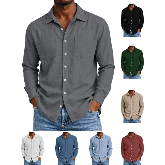 Trikvn Long Sleeve Shirts for Men Cotton Collared Button Down Casual Dress Shirts with Pockets Lightweight Breathable Tops for Beach Vacation Work