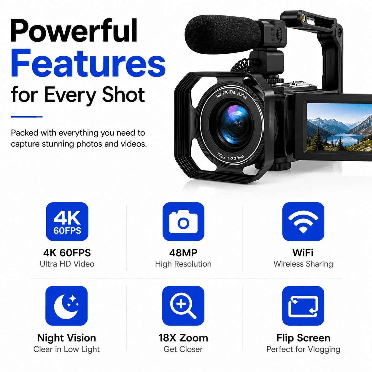 Acuvar 4K Video Camera Camcorder 48MP Auto Focus Vlogging Camera for YouTube 60FPS 18X Zoom Digital Camera WiFi, Mic, Stabilizer, 2 64GB SD Cards, 50" Tripod, Case, Dual Charger, Card Reader, Remote