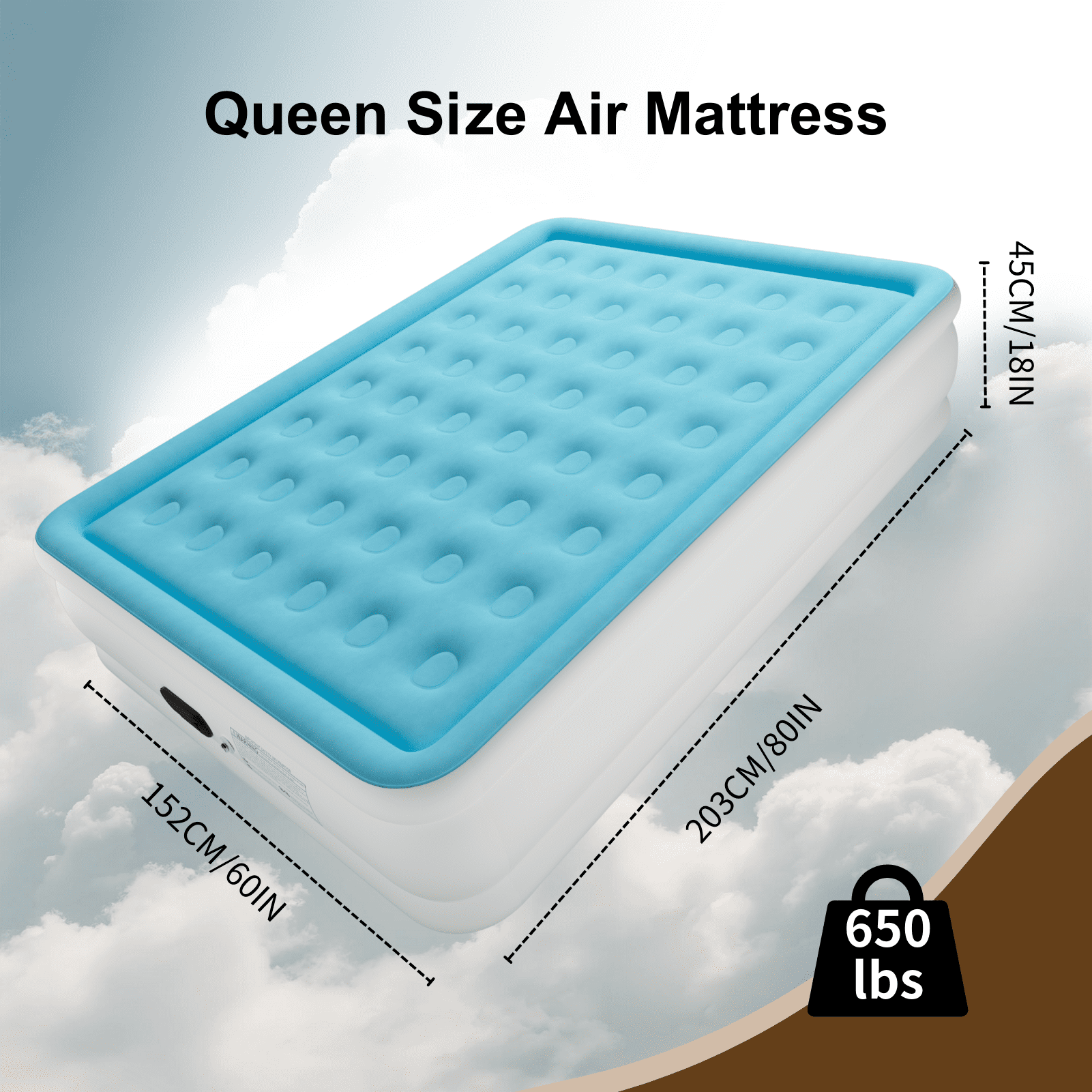 Queen Air Mattress with Built-in Pump - 18" Extra Thick Inflatable Bed for Camping & Home,Light Blue,3-Min Self Inflating with Carrying Bag.