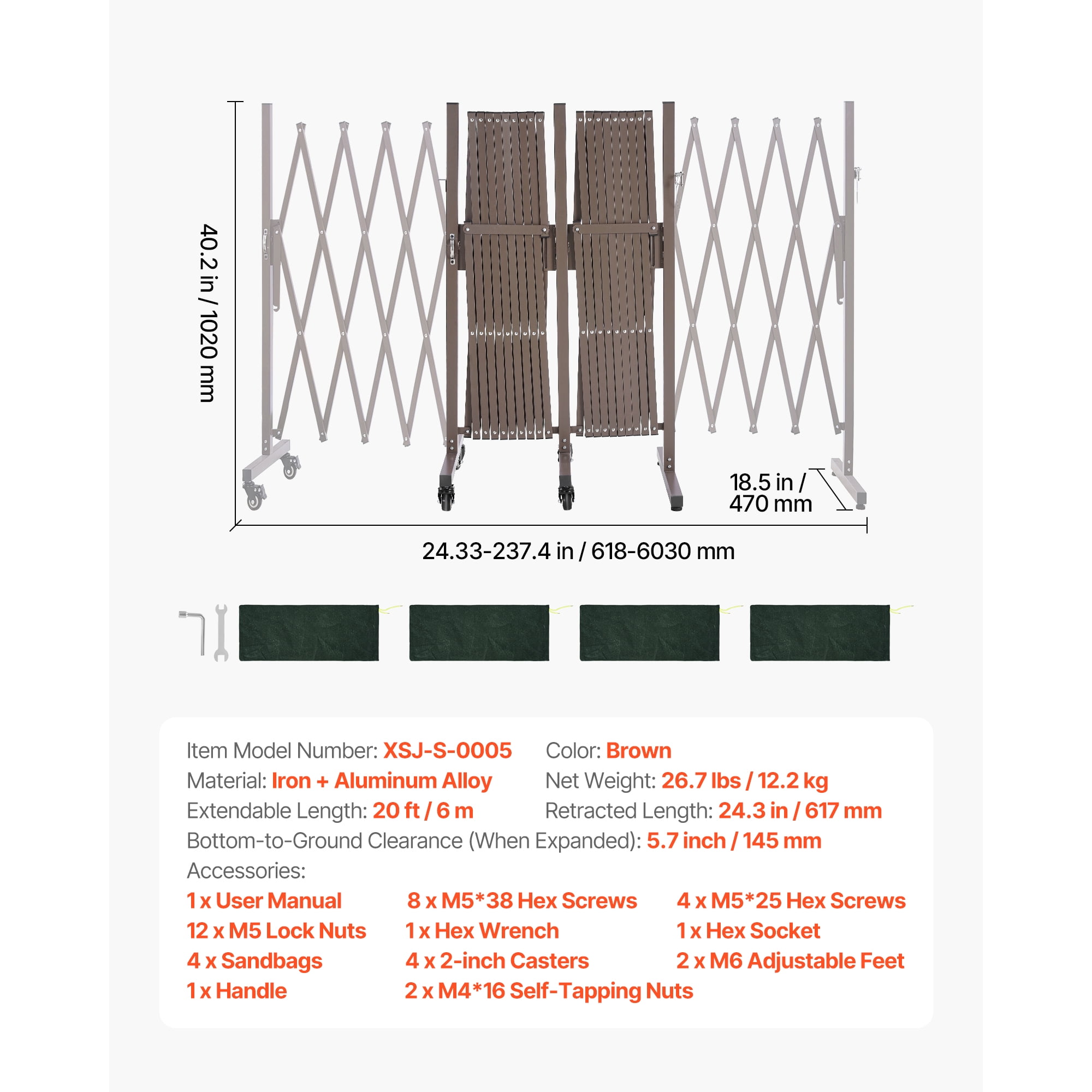 KFFKFF Double Expandable Barricades, 20FT Adjustable Safety Barrier, Mobile Folding Gate with Locking Wheels, Portable Metal Traffic Fence for Patio, Garden, Stairway