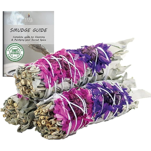 3 Pack Floral White Sage Smudge Sticks with Smudging Guide | Blissful | Smudging Sticks with Flowers for Positive Vibrations