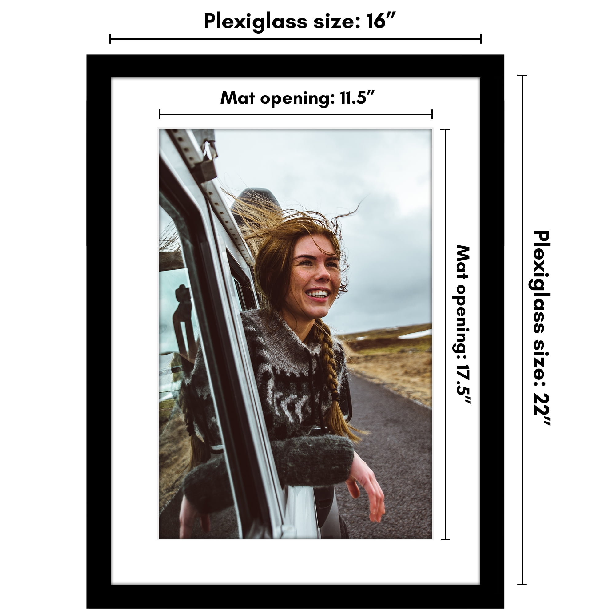 Americanflat 16x22 Picture Frame with Polished Plexiglass with 12x18 Mat Display Photo Epic Collection - Black