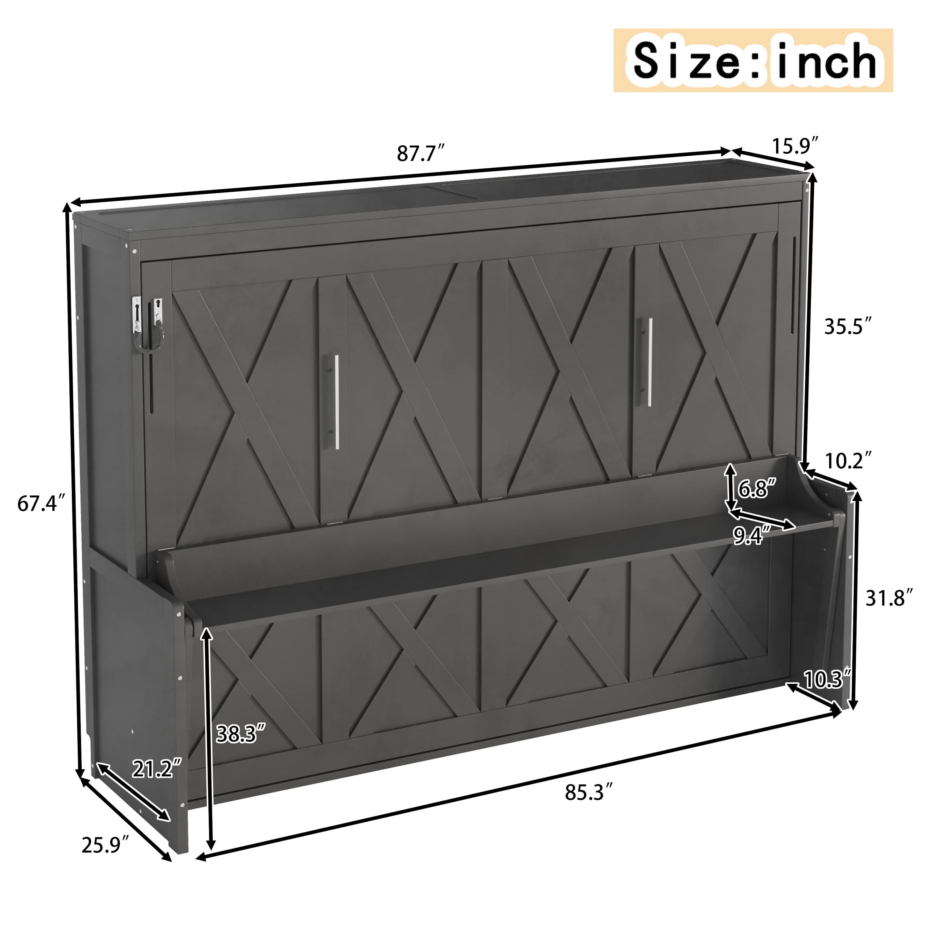 Leumius Queen Size Murphy Bed with Storage & Charging Station,Modern Murphy Cabinet with Desk,Multifunctional Storage Cabinet Bed with Foldable Panel for Guest Bedroom, Living Room, Office,Dark Gray