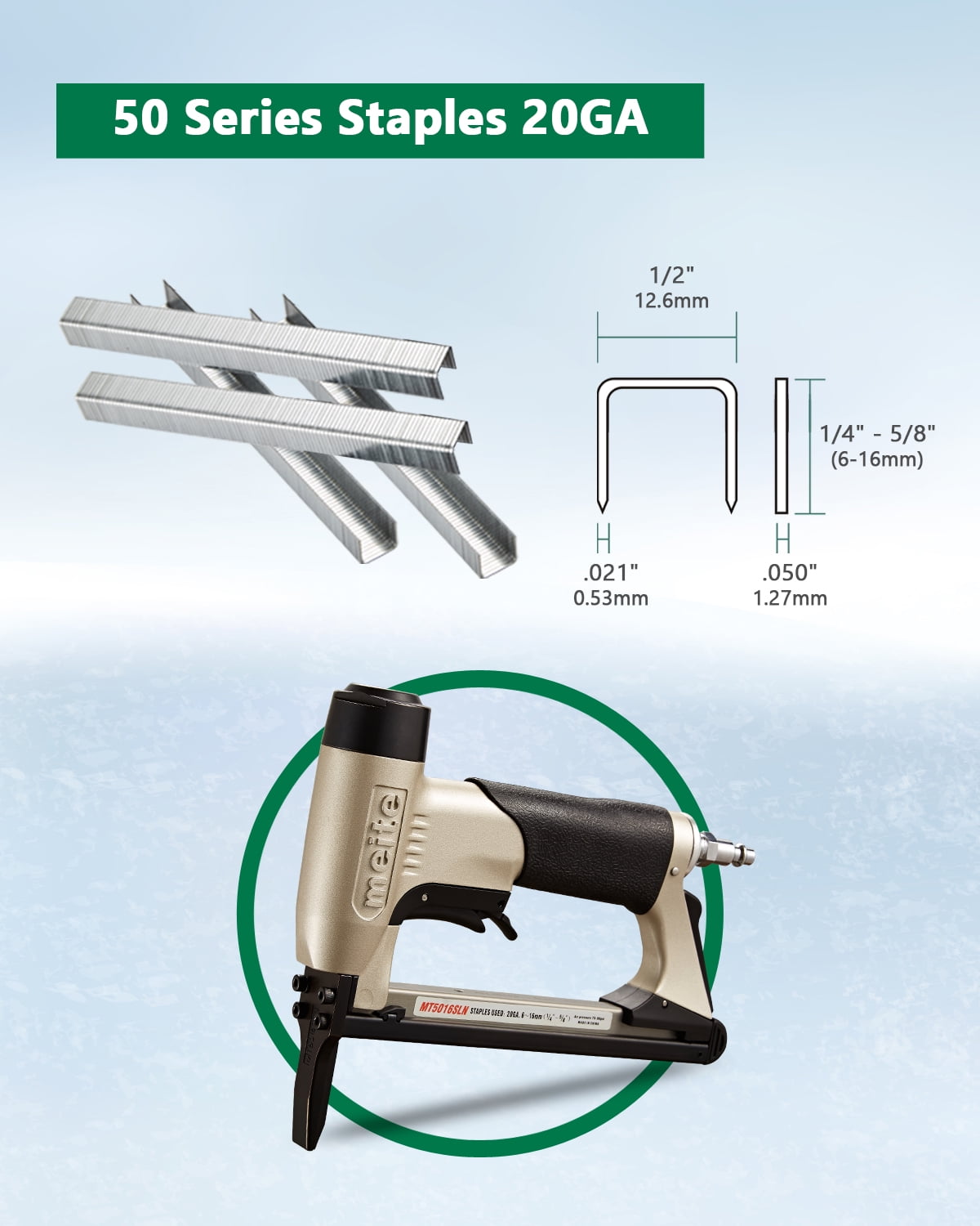 meite MT5016SLN Long Nose Pneumatic Upholstery Stapler Air Staple Gun with Safety Trigger, Uses 20 Gauge 50 Series Staples